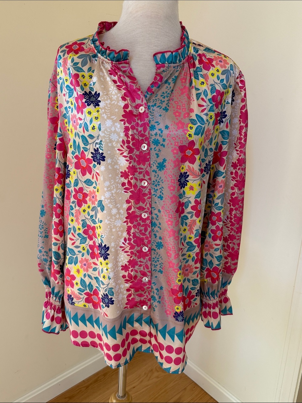 New! David Cline large garden blouse with sleeve smocking.